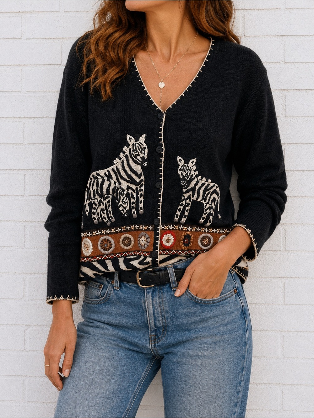 Vintage Arriviste Zebra Cardigan Sweater Black Ramie Cotton Medium 90s Animal